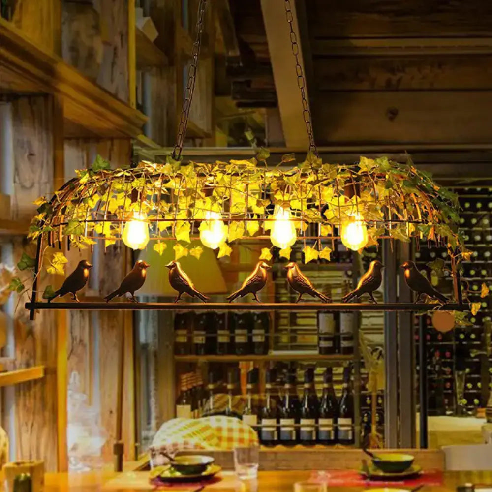 Industrial cage metal pendant light with imitation leaf dining room