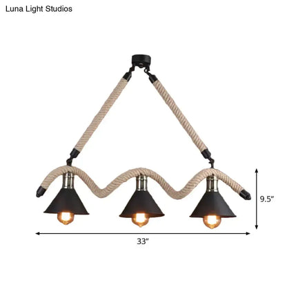 Industrial hemp pendant lamp black & beige 3 head dining room light
