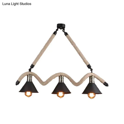 Industrial hemp pendant lamp black & beige 3 head dining room light
