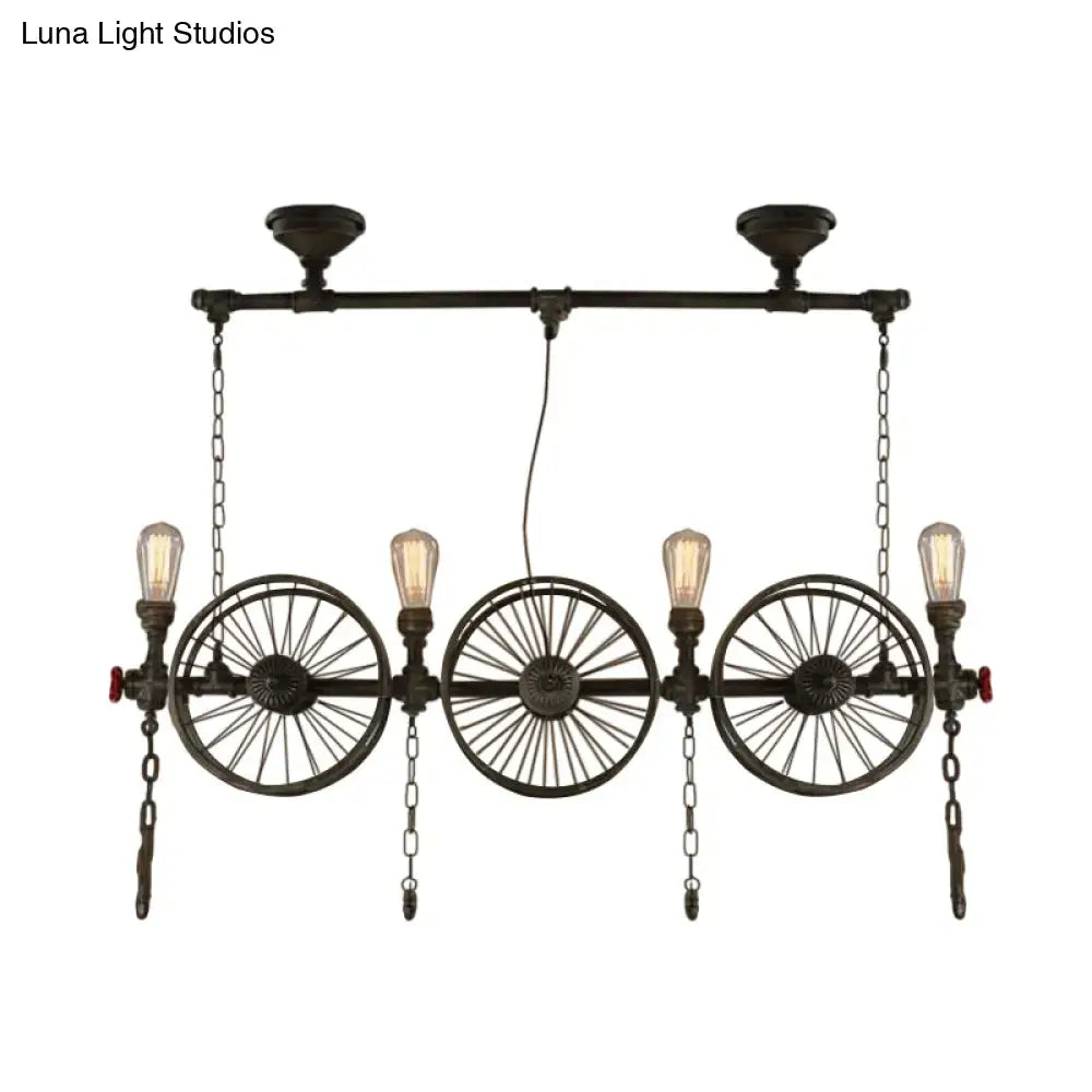 Industrial black iron wheel hanging light fixture for living room
