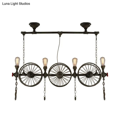 Industrial black iron wheel hanging light fixture for living room