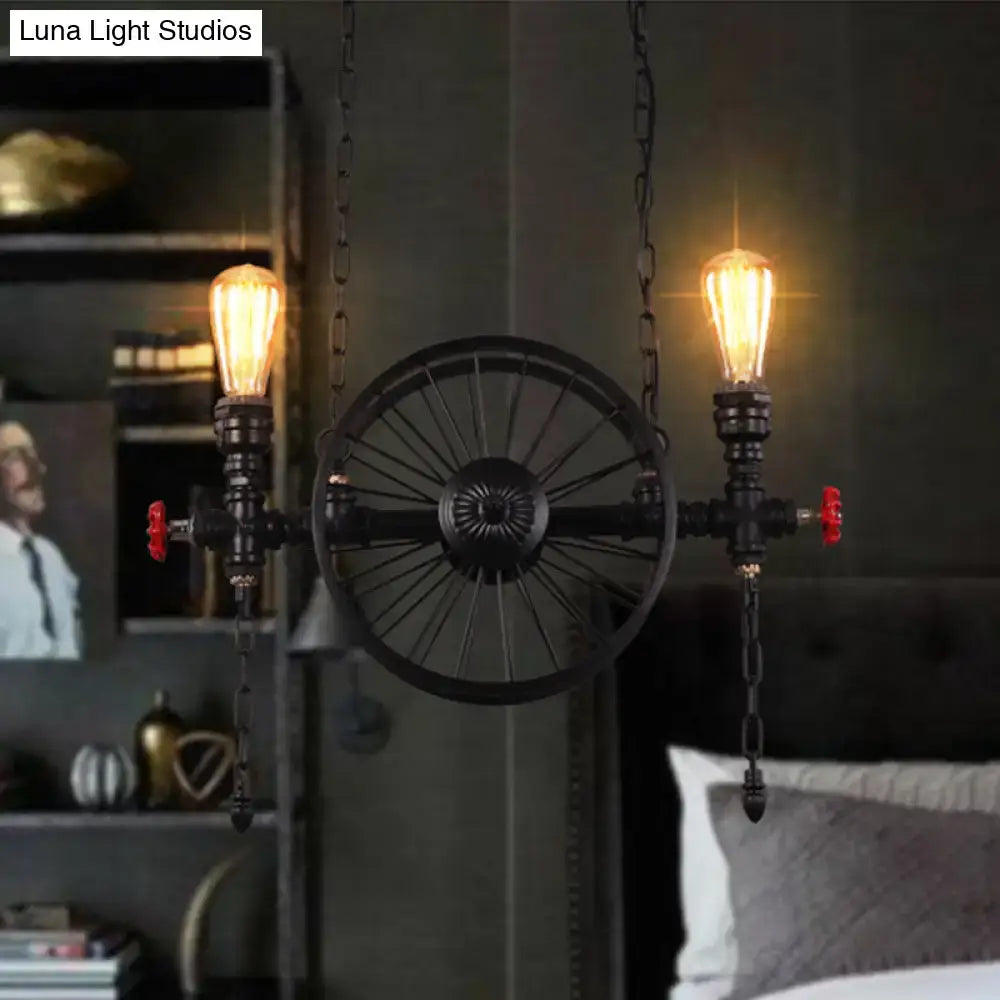 Industrial black iron wheel hanging light fixture for living room