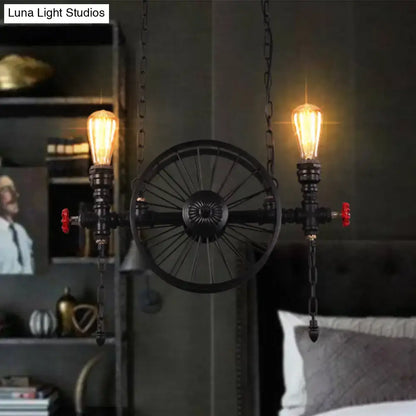 Industrial black iron wheel hanging light fixture for living room
