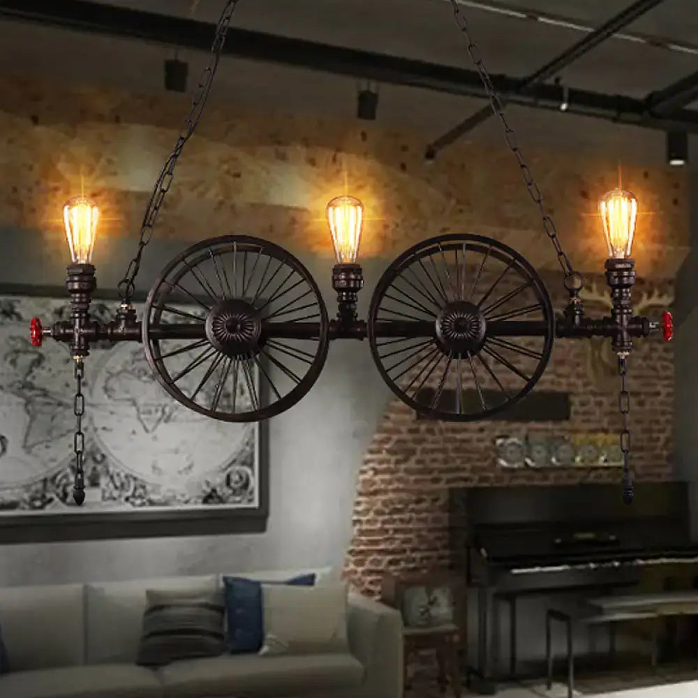 Industrial black iron wheel hanging light fixture for living room