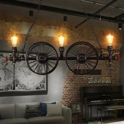 Industrial black iron wheel hanging light fixture for living room