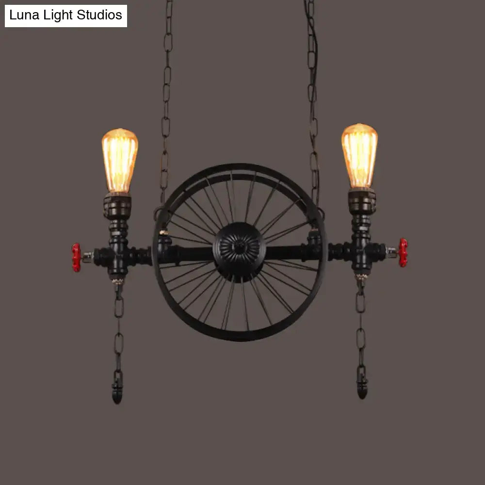 Industrial black iron wheel hanging light fixture for living room