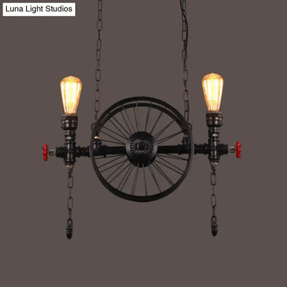 Industrial black iron wheel hanging light fixture for living room