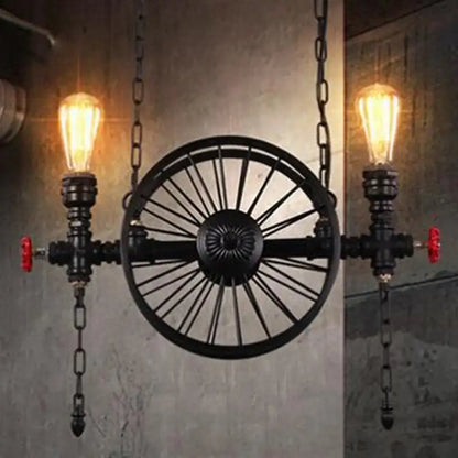Industrial black iron wheel hanging light fixture for living room
