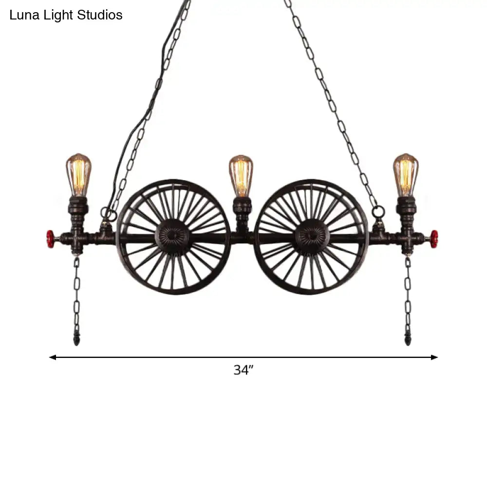 Industrial black iron wheel hanging light fixture for living room