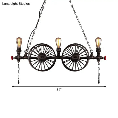 Industrial black iron wheel hanging light fixture for living room