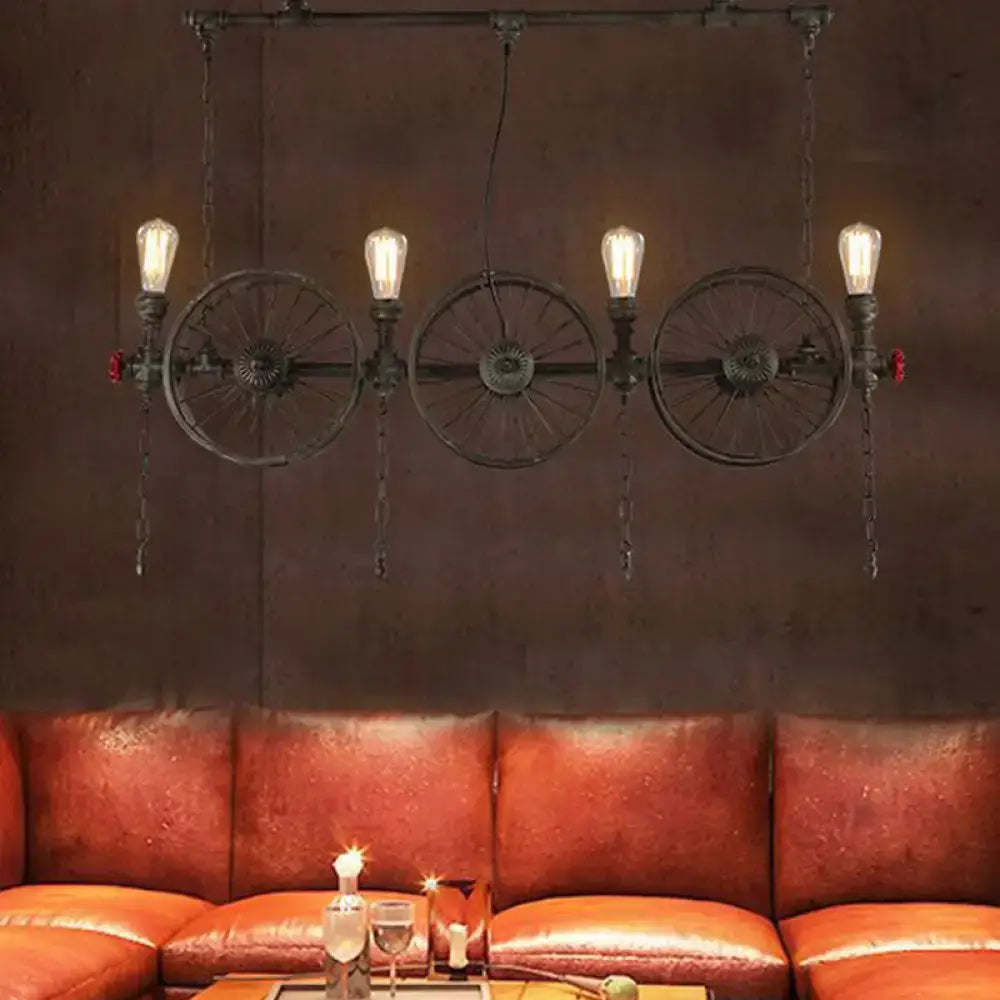 Industrial black iron wheel hanging light fixture for living room