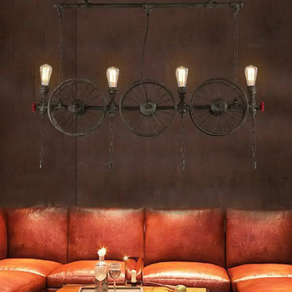 Industrial black iron wheel hanging light fixture for living room