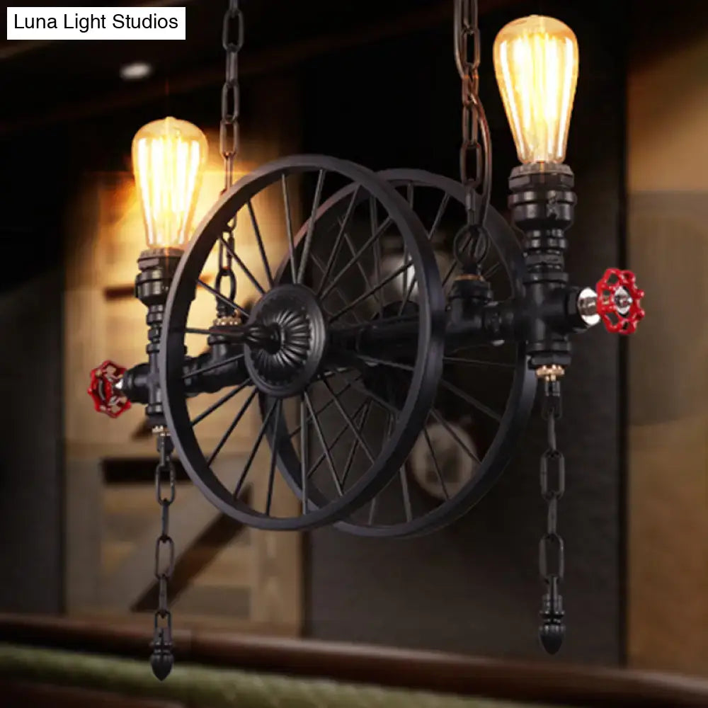 Industrial black iron wheel hanging light fixture for living room