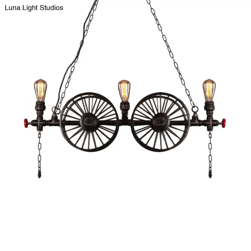 Industrial black iron wheel hanging light fixture for living room