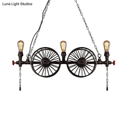 Industrial black iron wheel hanging light fixture for living room