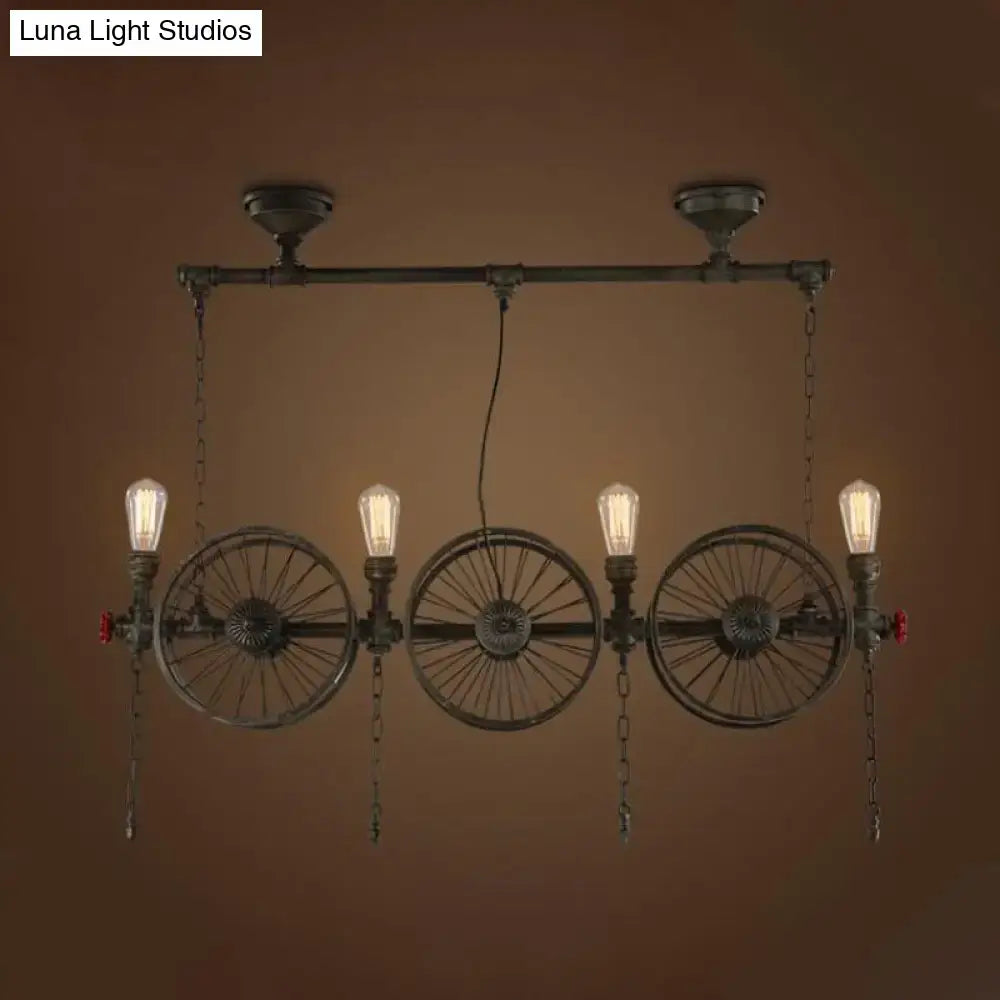 Industrial black iron wheel hanging light fixture for living room