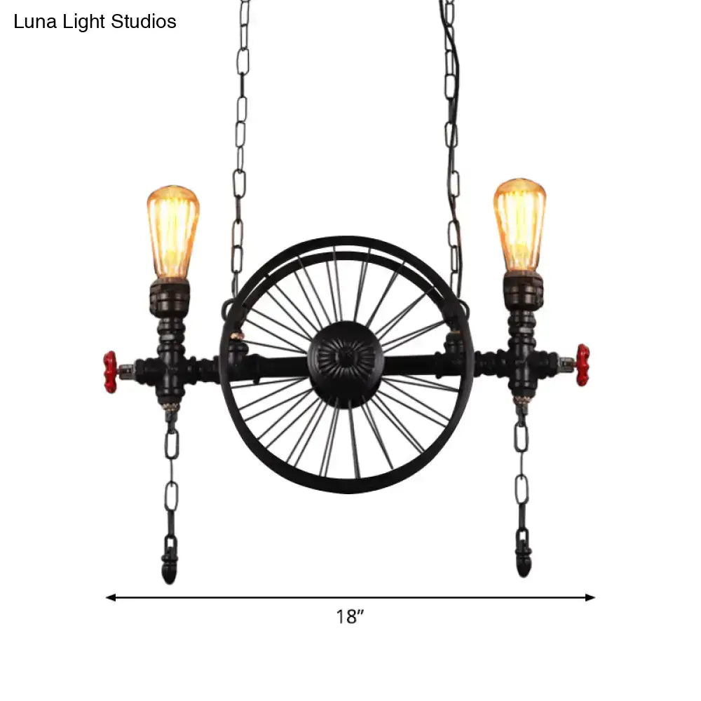 Industrial black iron wheel hanging light fixture for living room