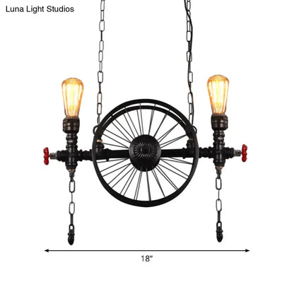 Industrial black iron wheel hanging light fixture for living room