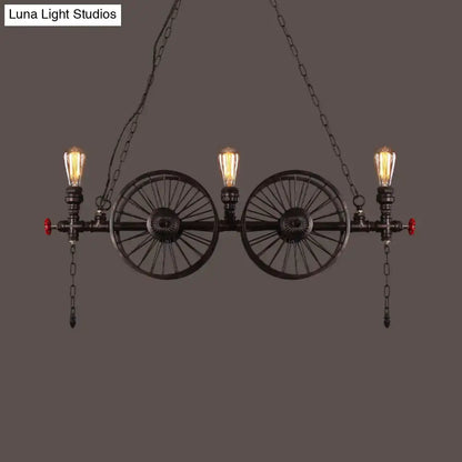 Industrial black iron wheel hanging light fixture for living room