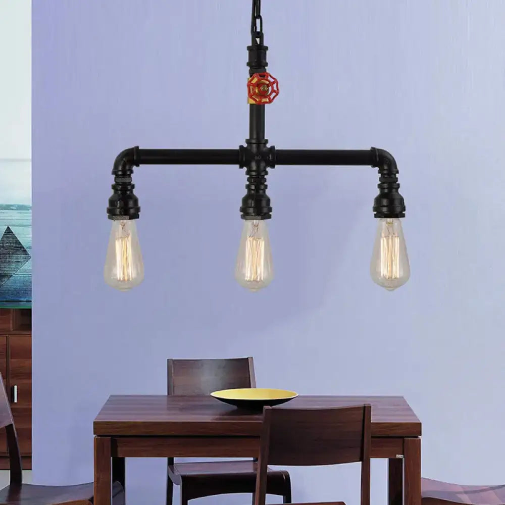 Industrial black metal 3 head ceiling light with red valve decor kitchen