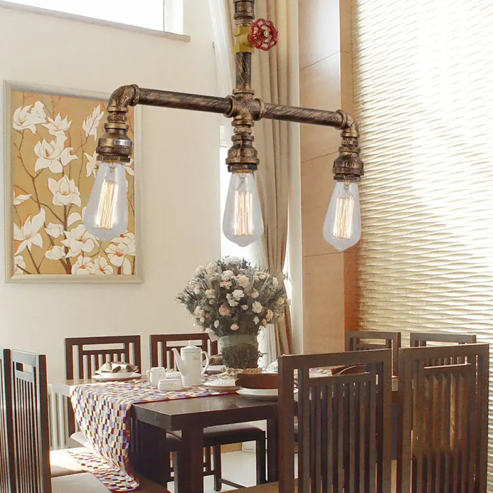 Industrial black metal 3 head ceiling light with red valve decor kitchen