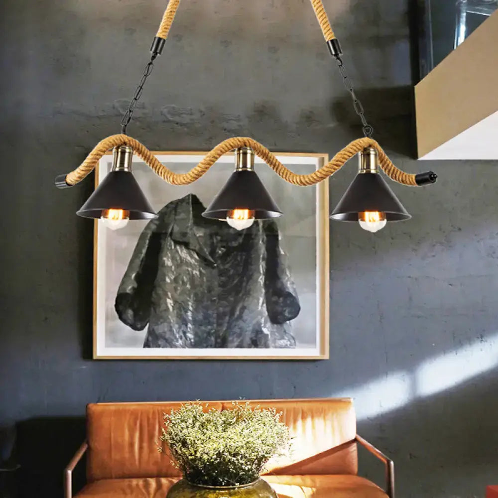 Industrial metal hemp rope pendant – kitchen island 3-light bistro