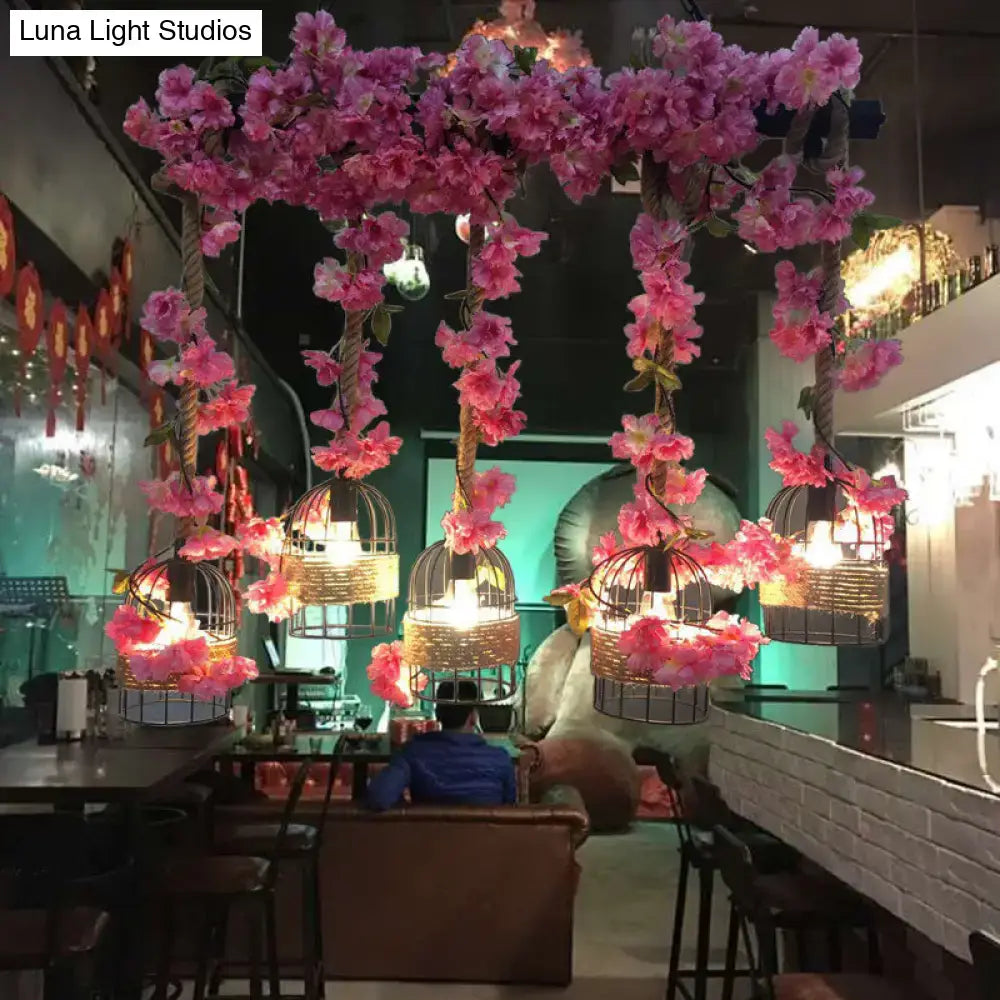 Industrial metal pink flower cage ceiling lamp for dining room