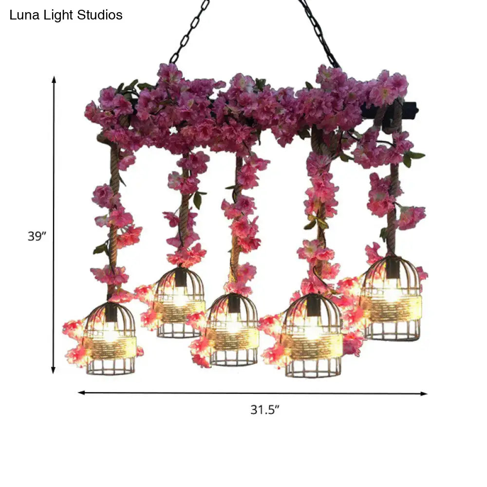 Industrial metal pink flower cage ceiling lamp for dining room
