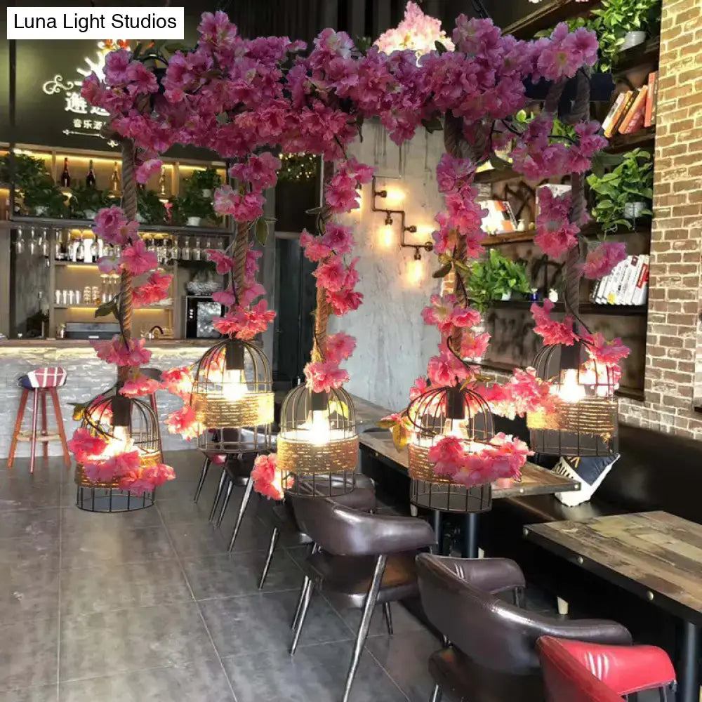 Industrial metal pink flower cage ceiling lamp for dining room