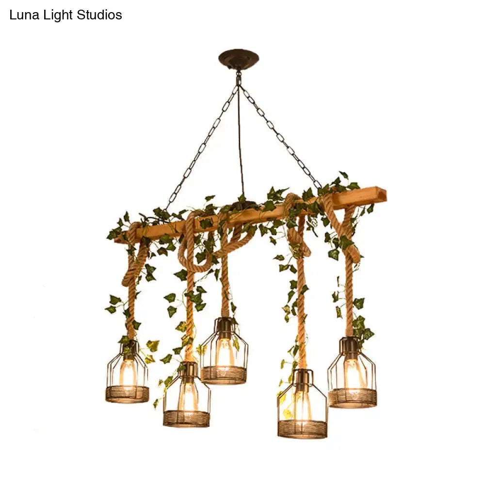 Rustic wood and rope caged island pendant light – kitchen island