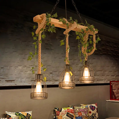 Rustic wood and rope caged island pendant light – kitchen island