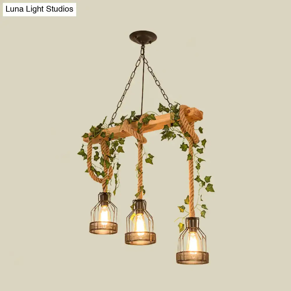 Rustic wood and rope caged island pendant light – kitchen island