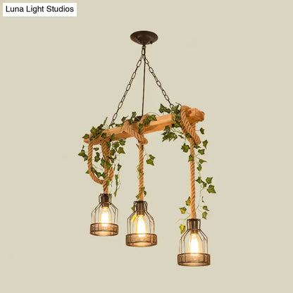 Rustic wood and rope caged island pendant light – kitchen island