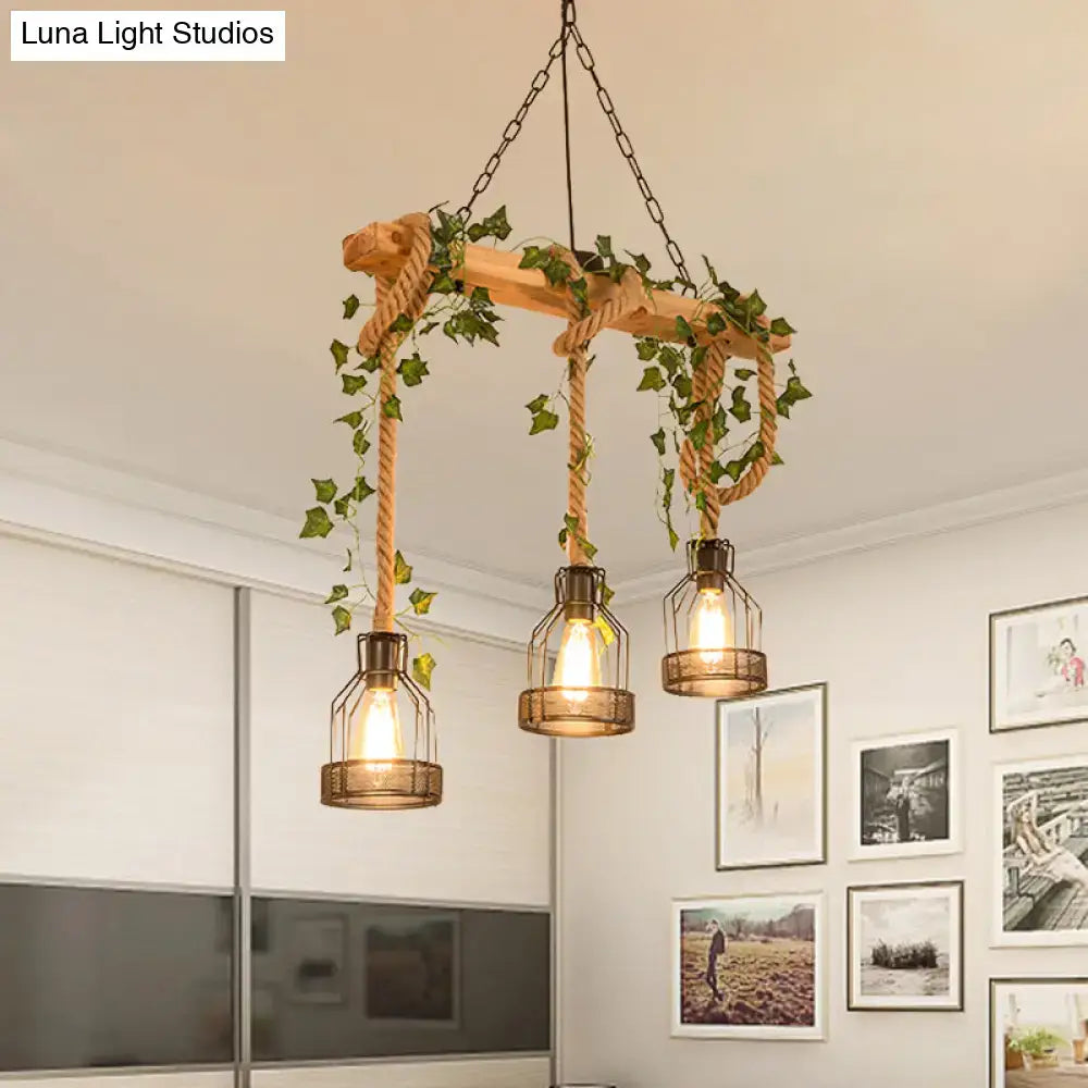 Rustic wood and rope caged island pendant light – kitchen island