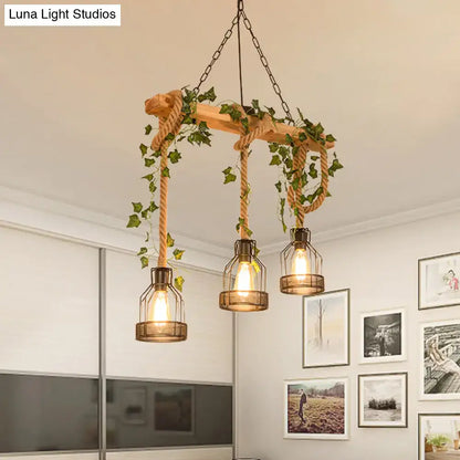 Rustic wood and rope caged island pendant light – kitchen island