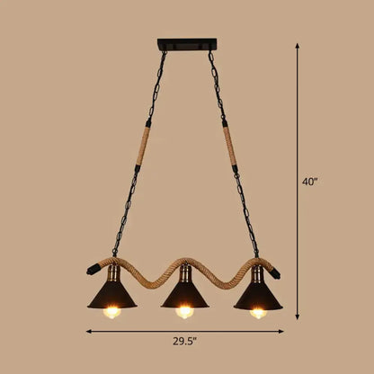 Industrial matte black 3 light pendant with twisted rope kitchen light