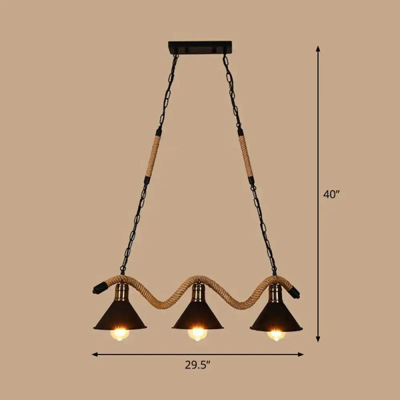 Industrial matte black 3 light pendant with twisted rope kitchen light
