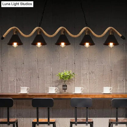Industrial matte black 3 light pendant with twisted rope kitchen light