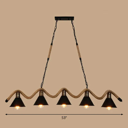 Industrial matte black 3 light pendant with twisted rope kitchen light