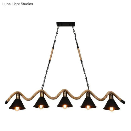 Industrial matte black 3 light pendant with twisted rope kitchen light