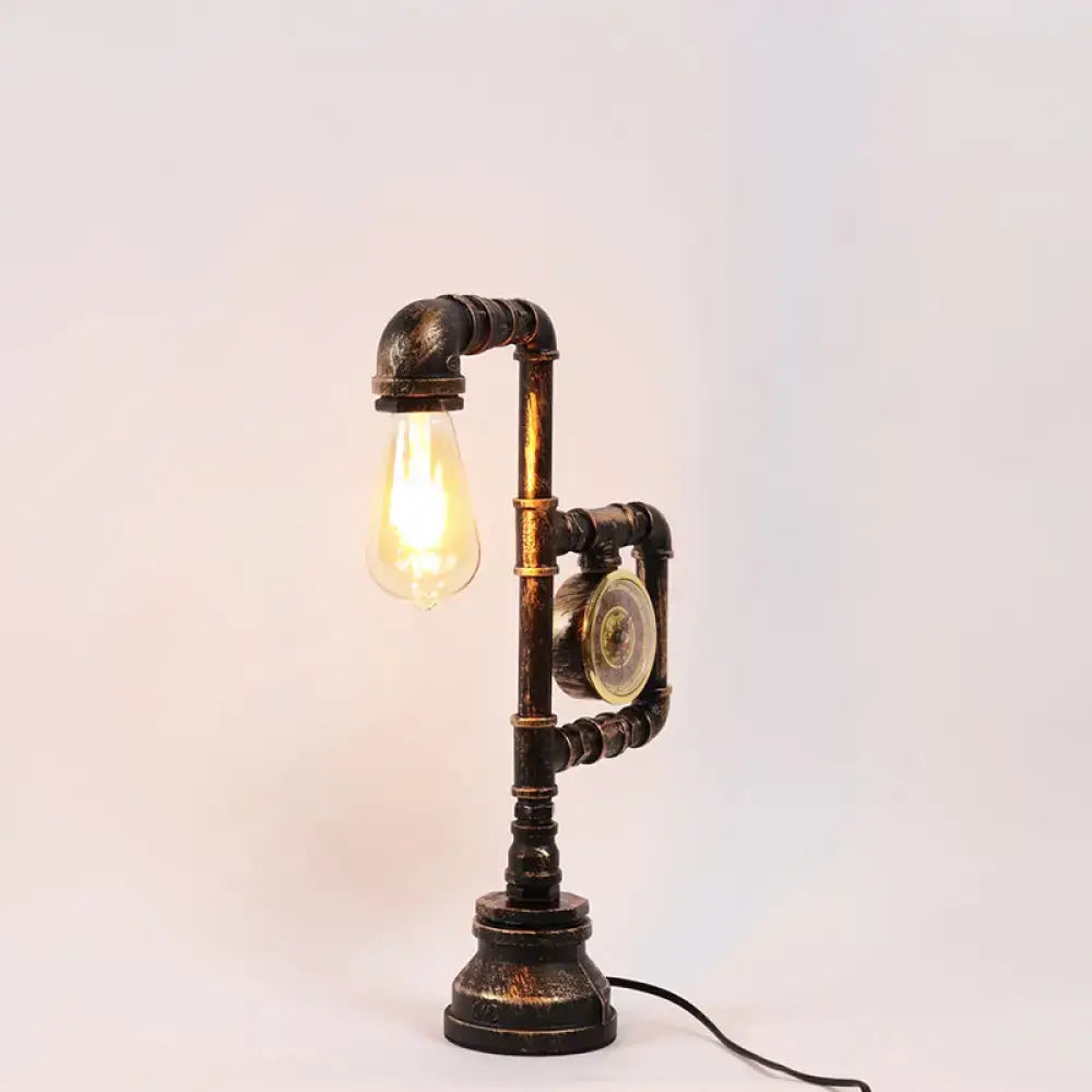 Industrial aged brass pipe clock lamp bedroom led incandescent light