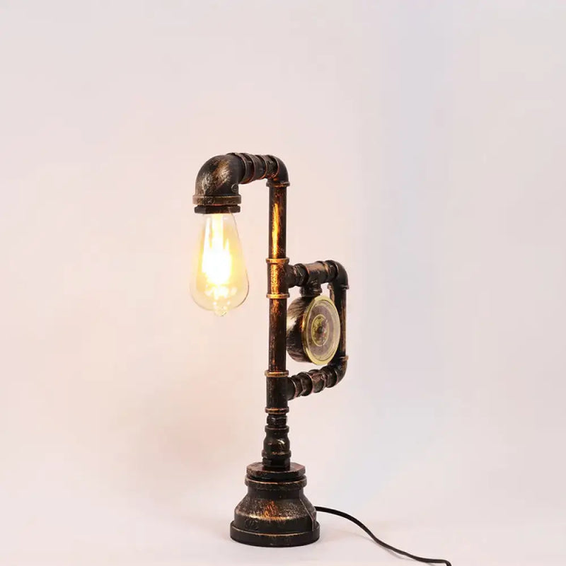 Industrial aged brass pipe clock lamp bedroom led incandescent light