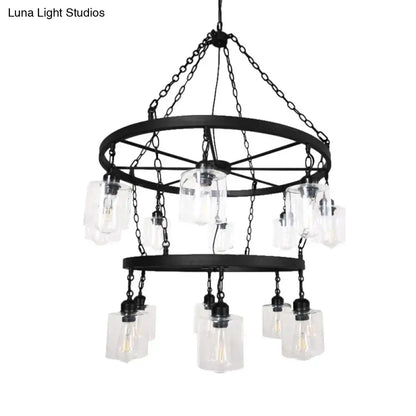 Industrial 2 tier wheel black chandelier dining room clear glass light