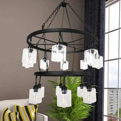 Industrial 2 tier wheel black chandelier dining room clear glass light