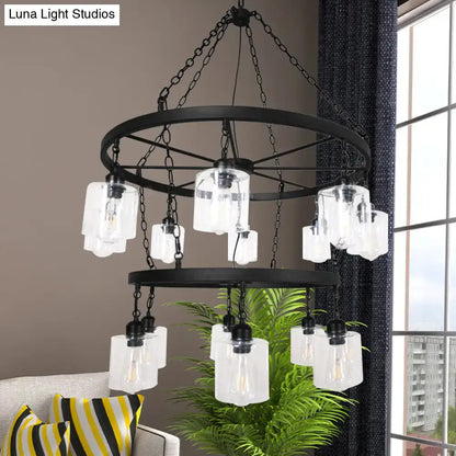 Industrial 2 tier wheel black chandelier dining room clear glass light
