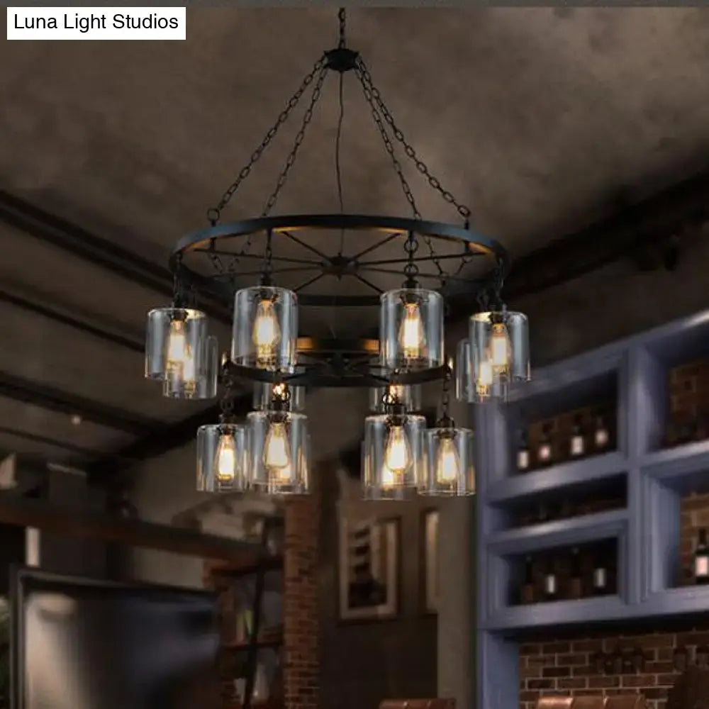 Industrial 2 tier wheel black chandelier dining room clear glass light
