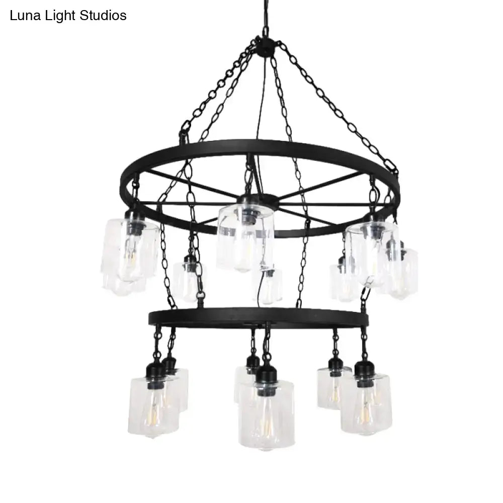 Industrial 2 tier wheel black chandelier dining room clear glass light