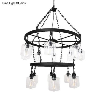Industrial 2 tier wheel black chandelier dining room clear glass light