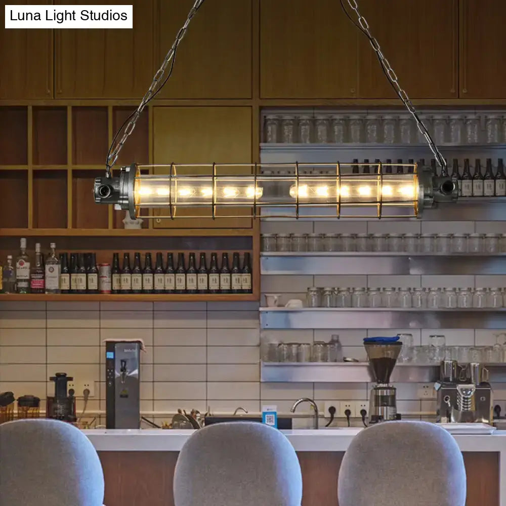 Industrial silver pendant light with clear glass shade kitchen cage