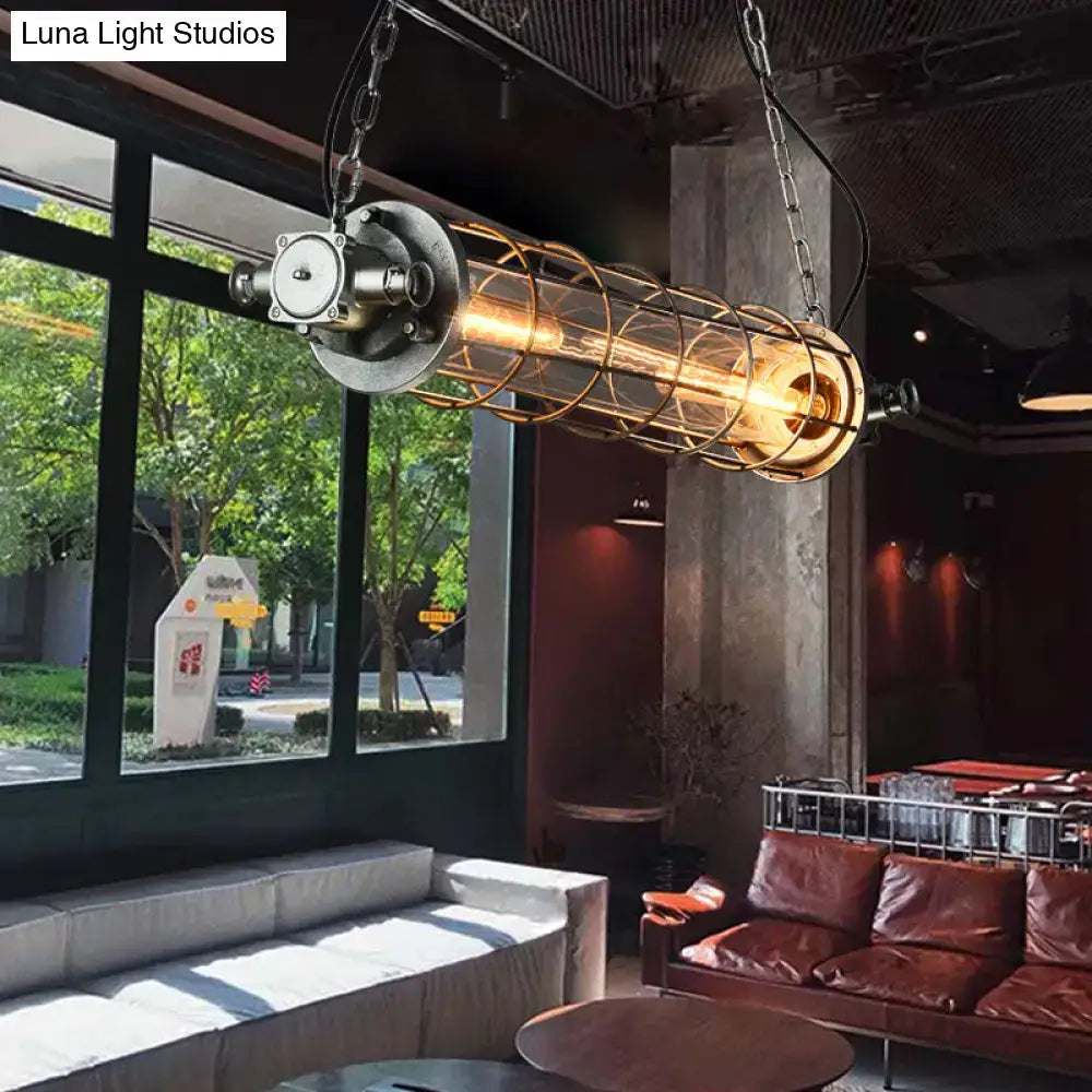 Industrial silver pendant light with clear glass shade kitchen cage